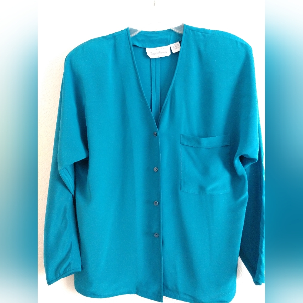 Vintage Claude Bennett Blue Blouse Collarless V Neck Long Sleeve Size 10